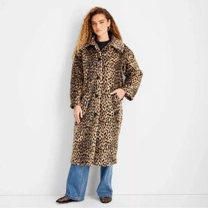 Future Collective Women's Faux Fur Long Coat Brown Leopard Print Size L NWOT